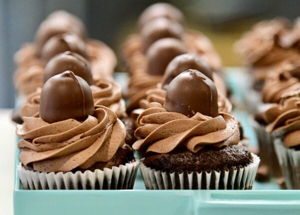 Chocolate cupcakes with a piece of chocolate and frosting on top.