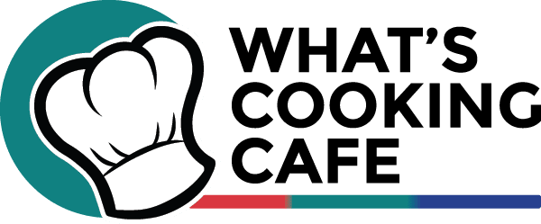 What's Cooking Cafe's logo featuring a chef's hat and multi-colored line below