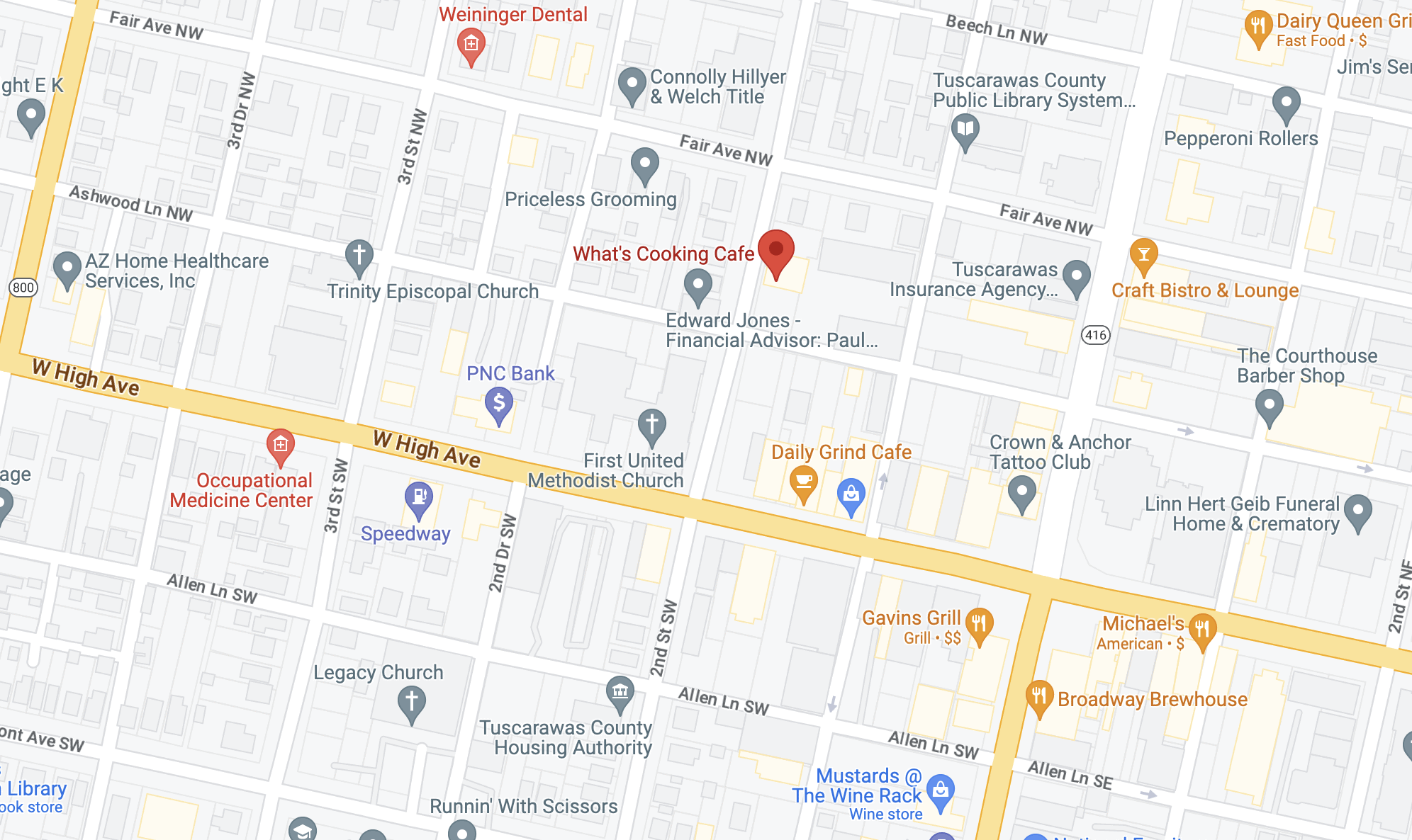 A map displaying where What's Cooking Cafe is located.