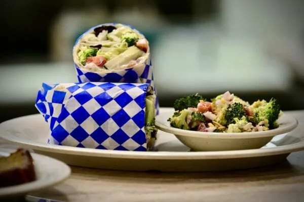 A plate with a wrap sandwich split in half and wrapped with blue and white checkered paper sitting on a plate with a bowl of broccoli salad next to it.