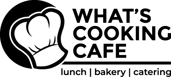 Black and white logo for What's Cooking Cafe featuring a chef's hat and the text lunch, bakery and catering.